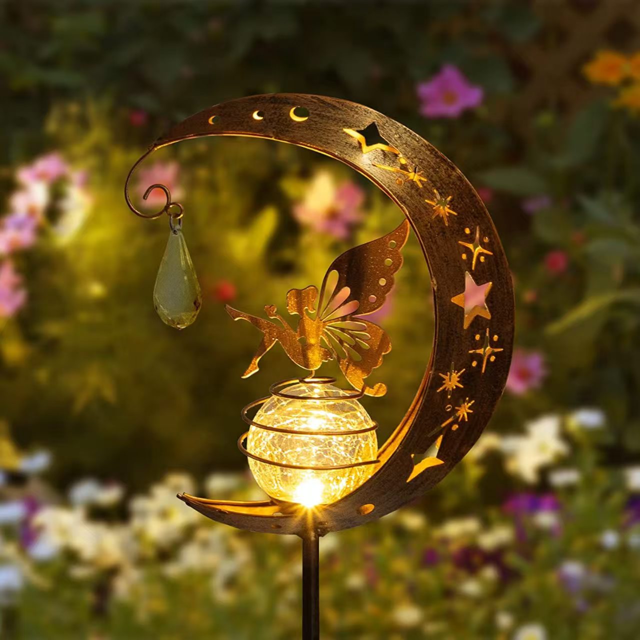 Solar Moon Fairy Light with Cracked Glass Ball - Waterproof Outdoor Garden Decor, IP44 Solar Powered Landscape Lighting for Yard/Patio